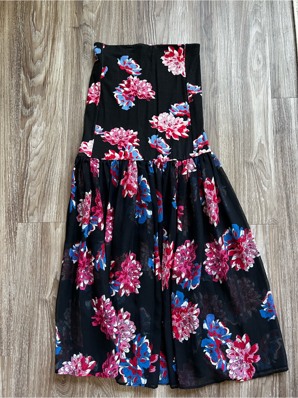 Free People Black Strapless Maxi Skirt with Pink & Blue Floral Print
